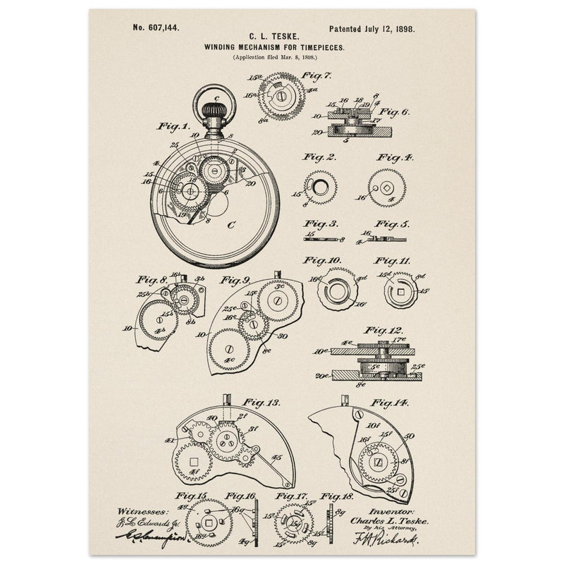 Winding Mechanism for Time Pieces, vintage clock patent .