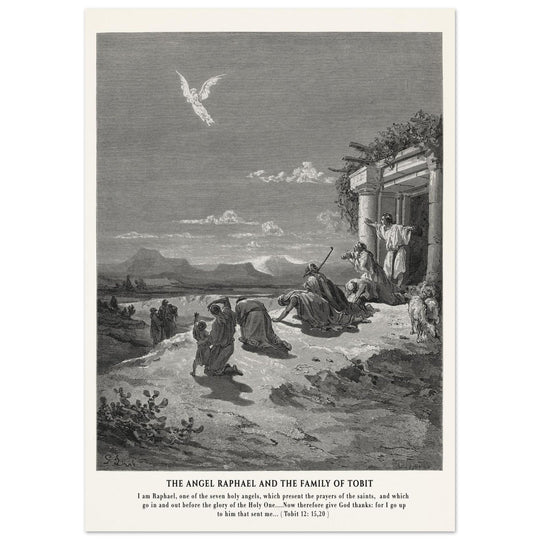 Gustave Dore The Bible engraving print . The angel Raphael and the family of Tobit.