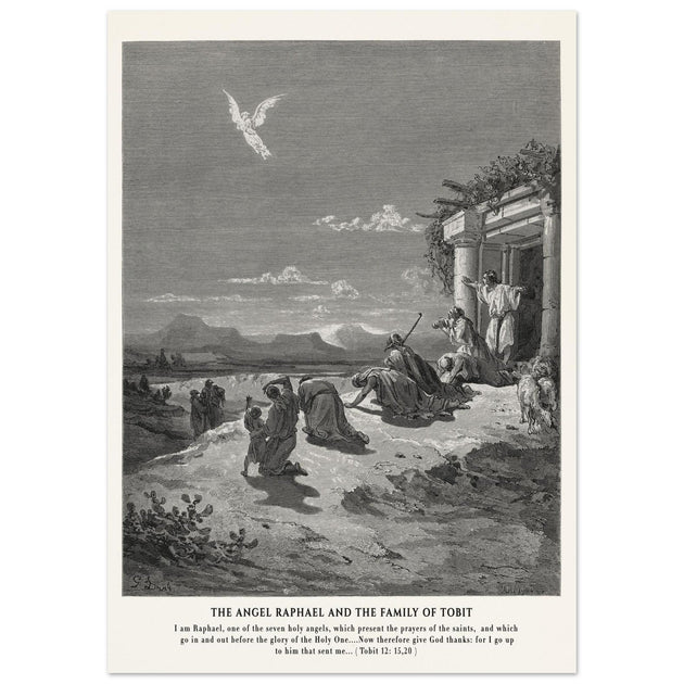 Gustave Dore The Bible engraving print . The angel Raphael and the family of Tobit.