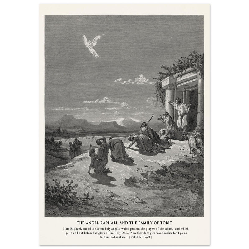 Gustave Dore The Bible engraving print . The angel Raphael and the family of Tobit.