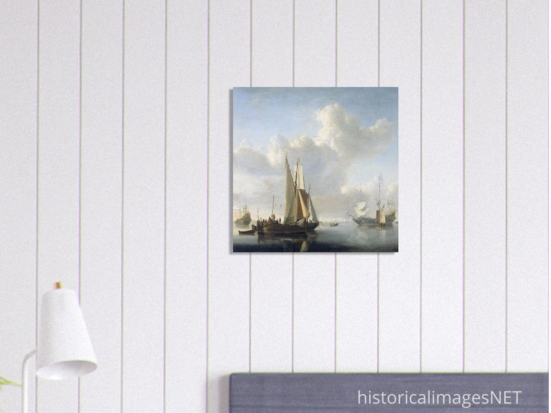 Willem van de Velde Ships before the coast. Marine landscape painting.