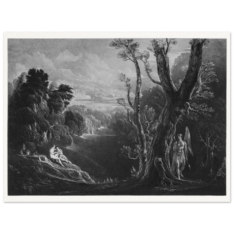 John Martin mezzotint engraving . Satan Contemplating Adam and Eve in Paradise. Paradise Lost by Milton.