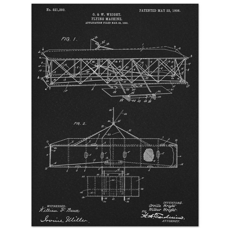 Flying machine patent 1906 by the Wright brothers. Vintage airplane.