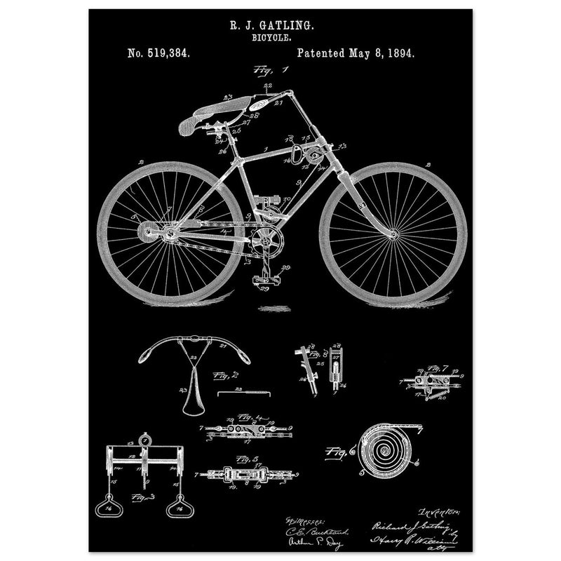 Vintage bicycle patent by Richard J Gatling 1894