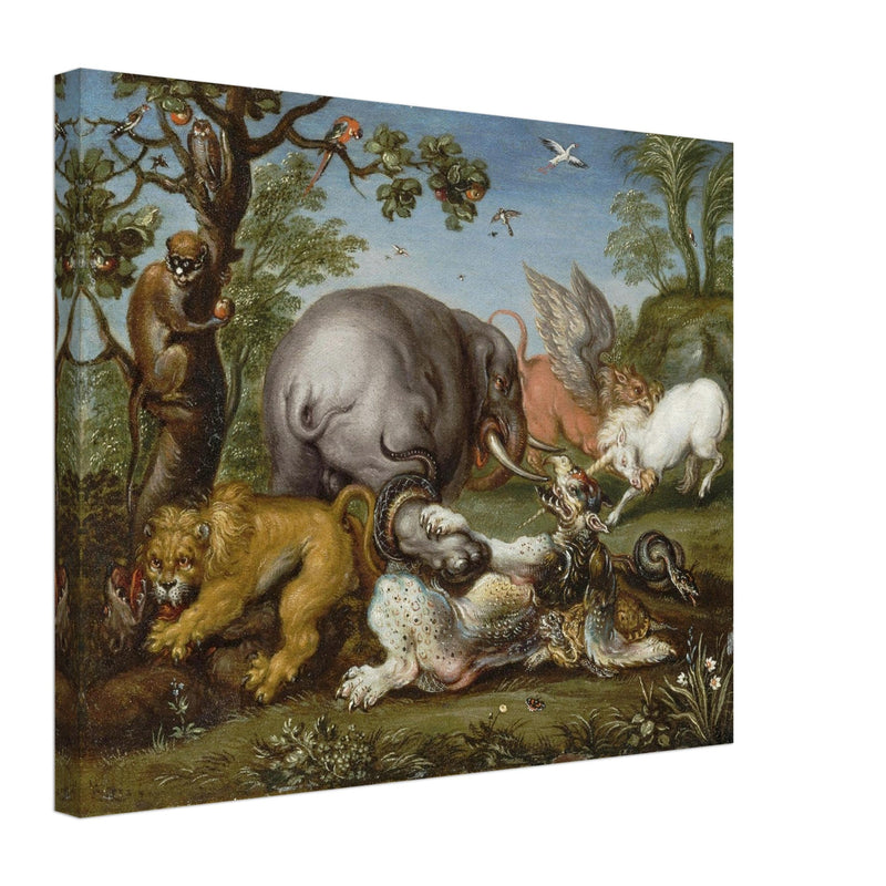 Battle of the beasts painting by Circle of Roelandt Savery  XVII Century.