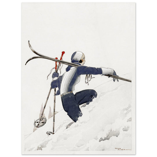 Skieuse a pied dans la neige by René Vincent. Female skier illustration.