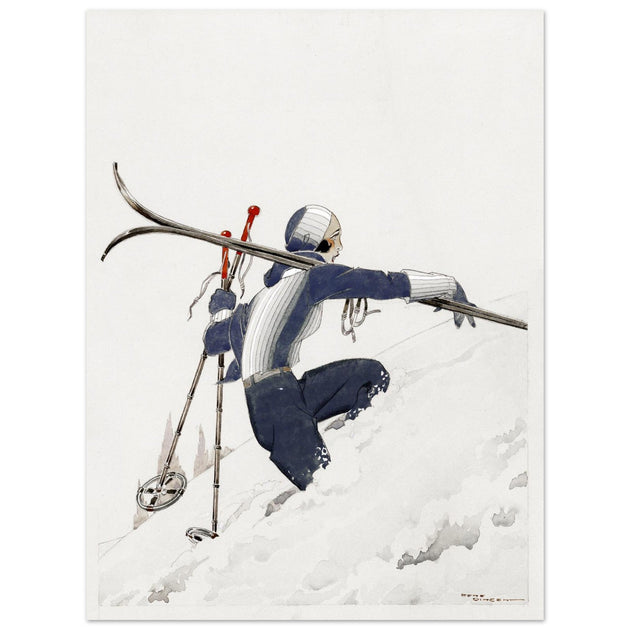 Skieuse a pied dans la neige by René Vincent. Female skier illustration.