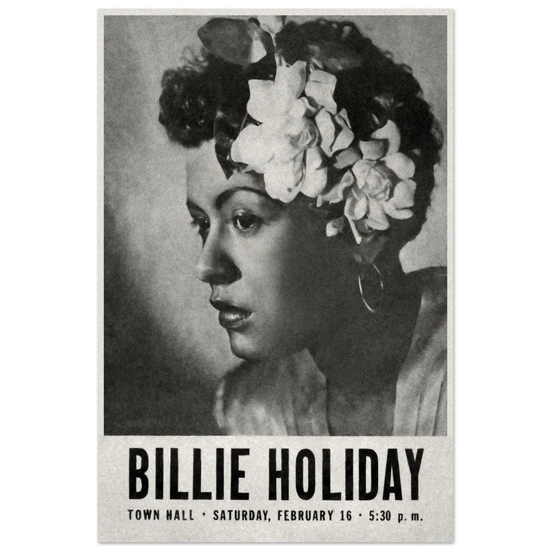 Billie Holiday concer music poster in New York City Town Hall in 1946.