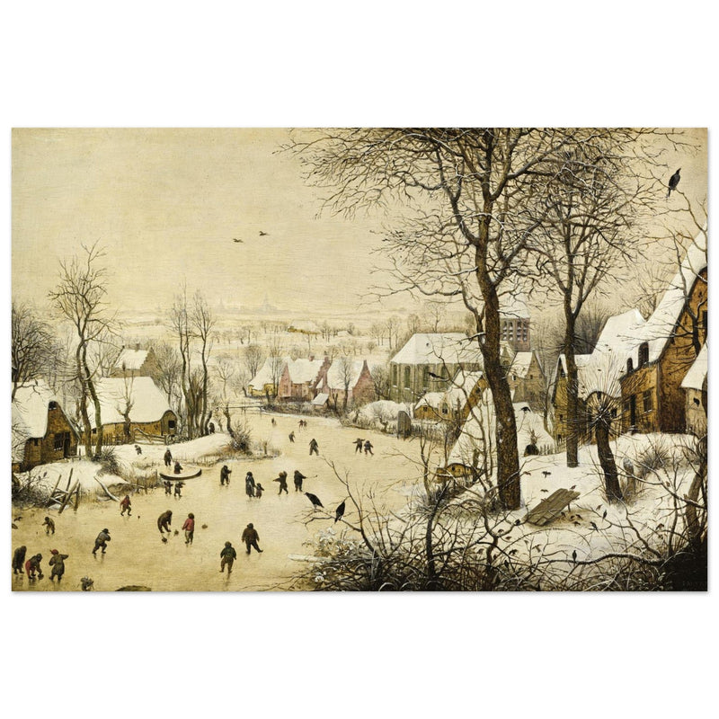 Winter Landscape with Skaters and Birds Trap painting by pieter Bruegel The Elder.