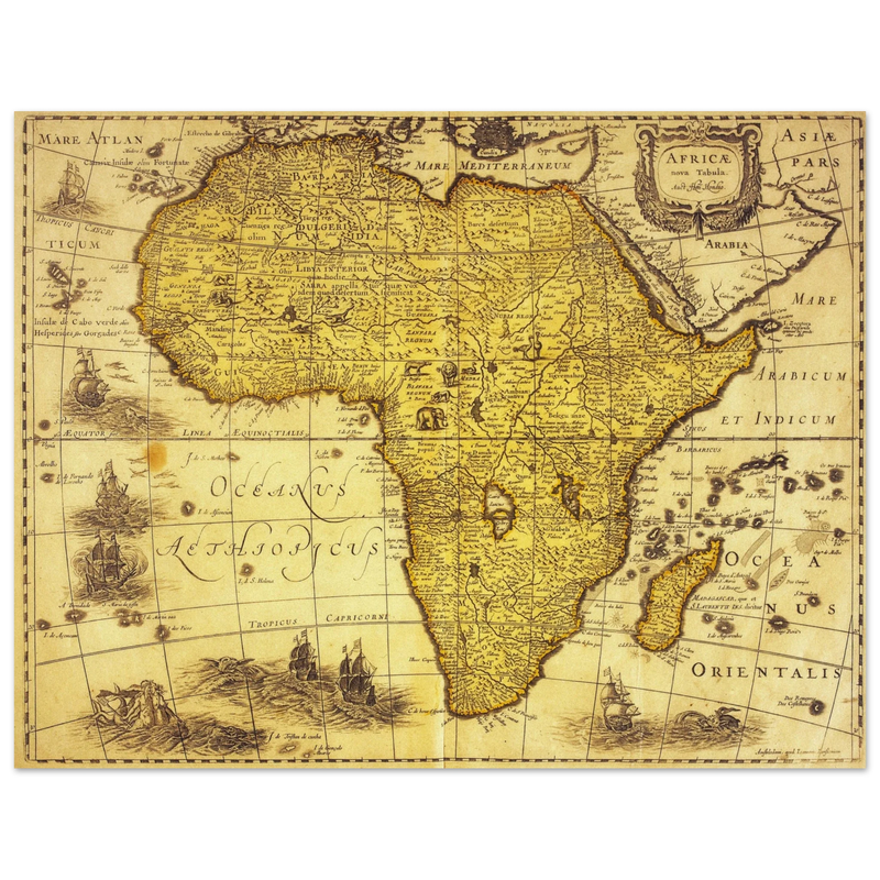 Africa ancient vintage map print reproduction. African continent cartography of 1680 by Hendrik Hondius