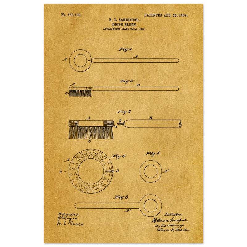 Toothbrush patent illustration by H E Sandiford.