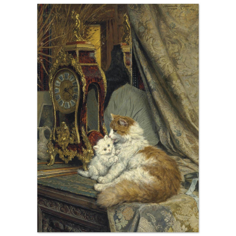 A Mother Cat and her Kitten with a Bracket Clock by Henriette Ronner Knip
