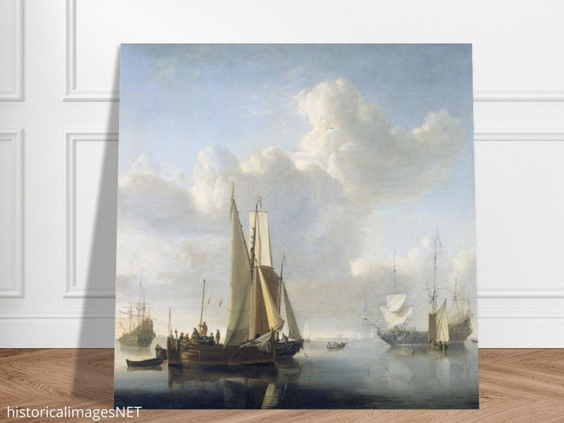 Willem van de Velde Ships before the coast. Marine landscape painting.