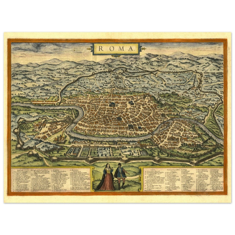 Rome Italy antique vintage city map. 1572 ancient map of the italian capital by Georg Braun and  Frans Hogenberg.