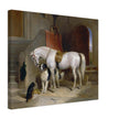 White horse in stable with dogs antique painting by Edwin Landseer.