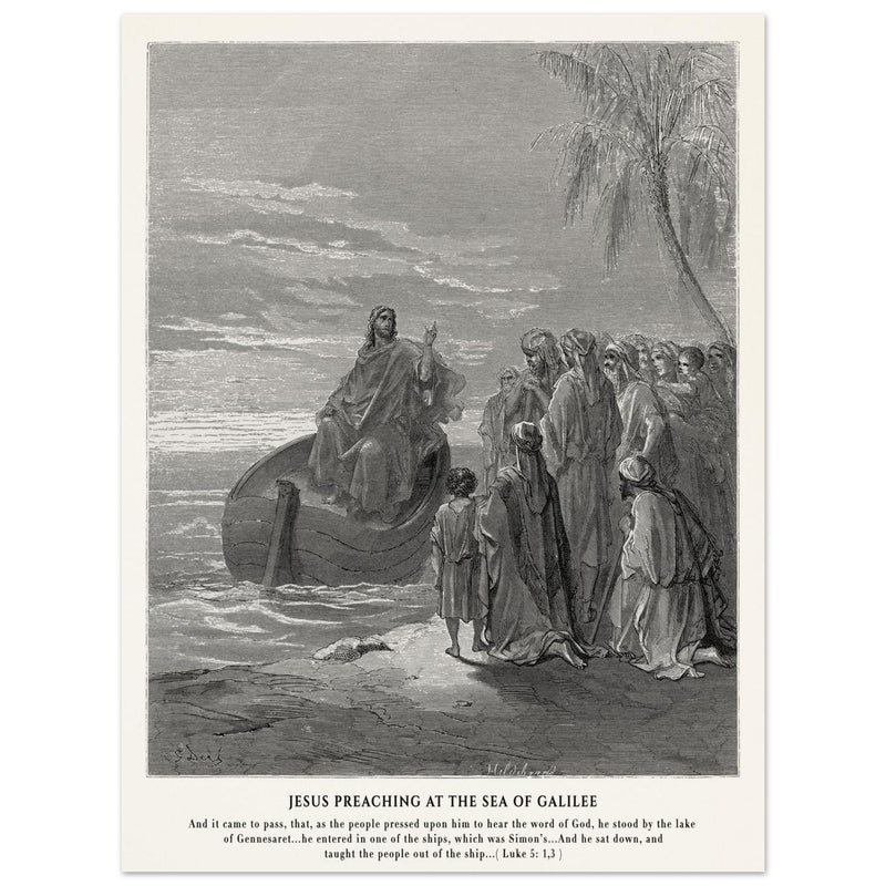 Gustave Dore The Bible engraving print . Jesus preaching at the sea of Galilee .