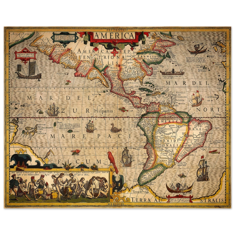 America old map print. Poster reproduction of the american continent year 1630 by Hendrik Hondius