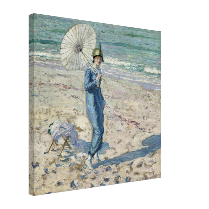 On the Beach Girl in Blue antique painting reproduction by Frederick Carl Frieseke