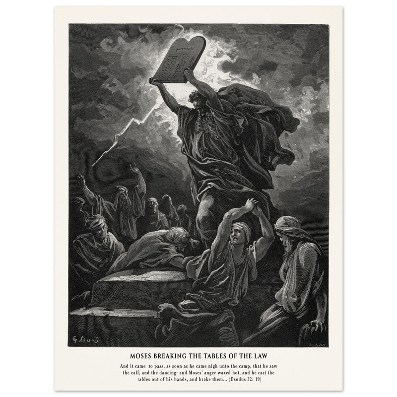 Gustave Dore The Bible engraving print . Moses breaking the Tables of the Law .