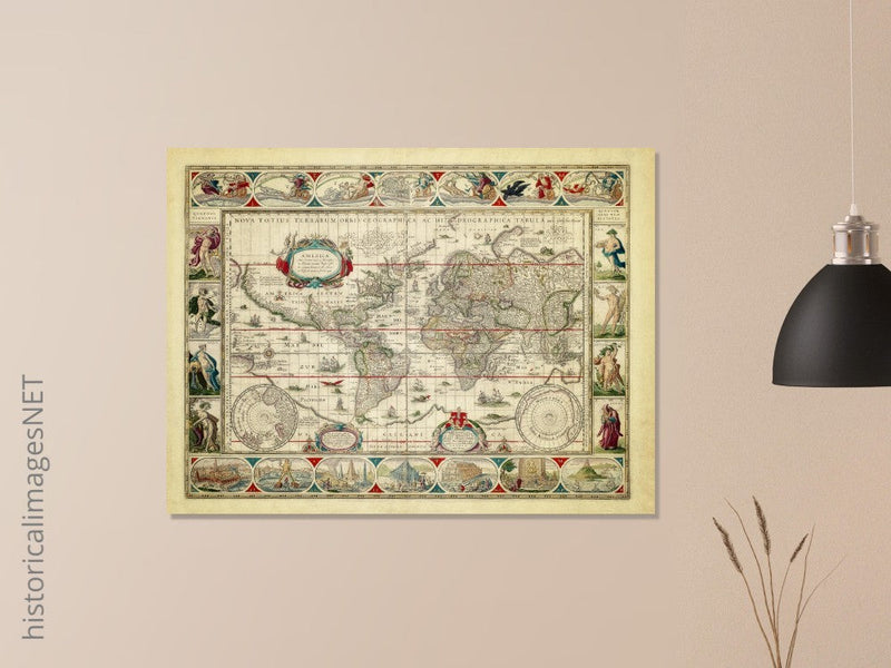 Ancient old world map 1638. Noua totius terrarum orbis geographica ac hydrographica tabula by Willem Janszoon Blaeu