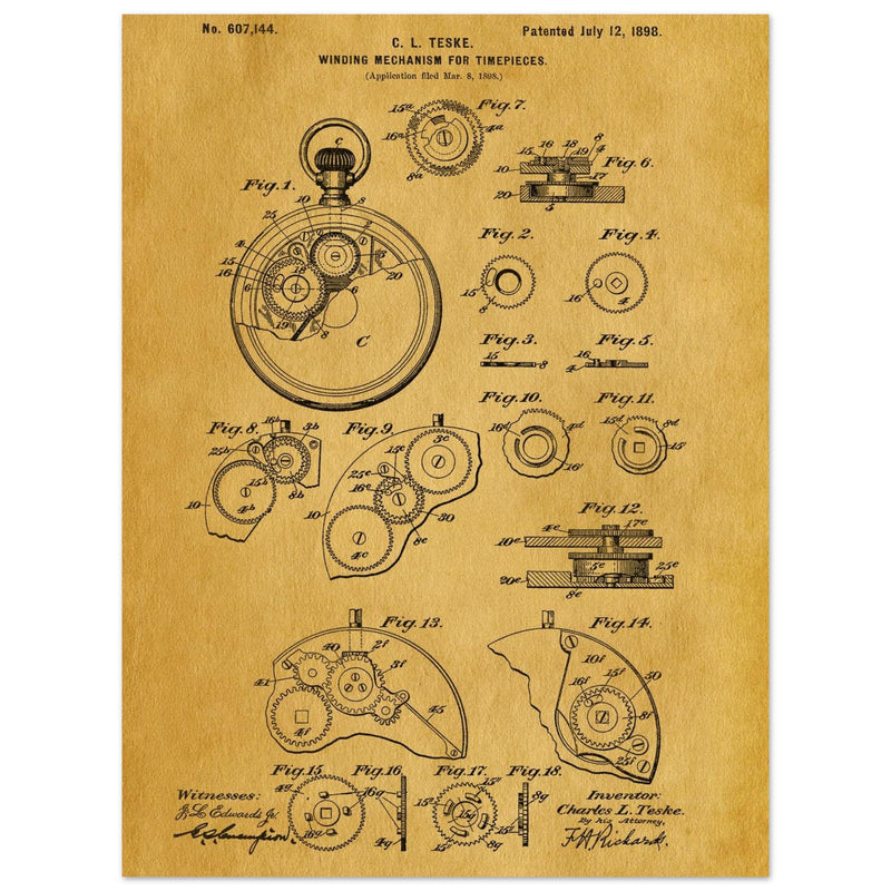 Winding Mechanism for Time Pieces, vintage clock patent .