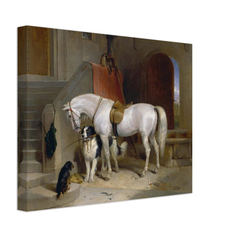 White horse in stable with dogs antique painting by Edwin Landseer.