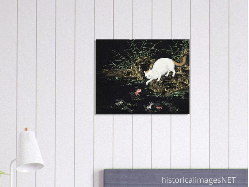 Cats amd fishes in pond. Oriental old painting by Shen Zhenlin.