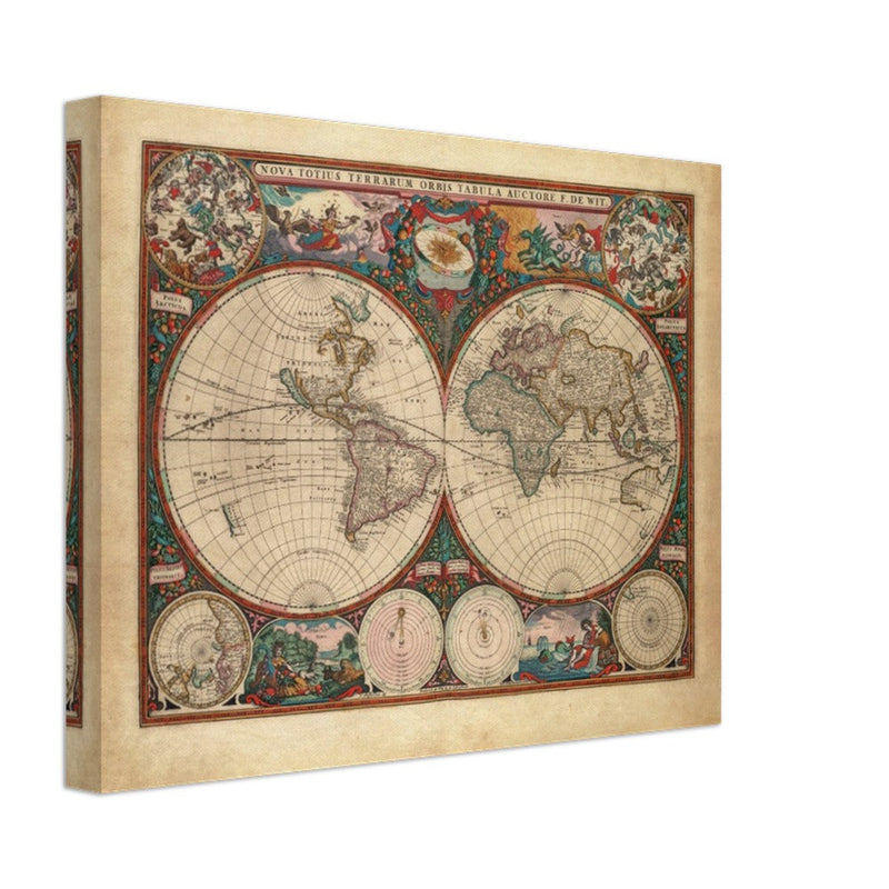 1660 Ancient old world map. Double hemisphere antique map reproduction.