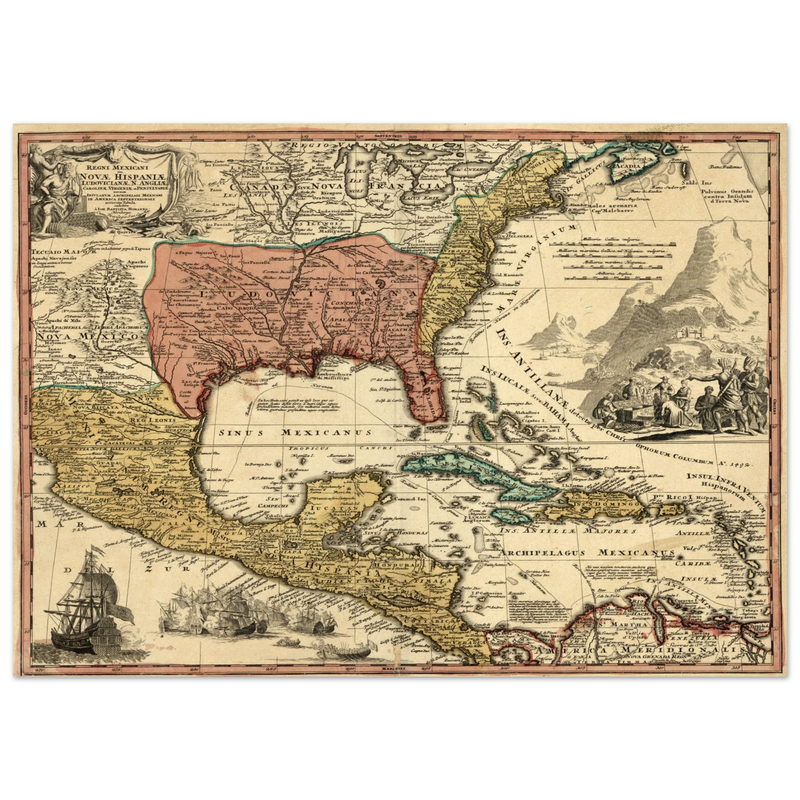 Ancient map of North America. Regni Mexicani seu Novae Hispaniae, Ludovicianae, N. Angliae, Carolinae, Virginae et Pennsylvaniae by Johann Baptist Homann