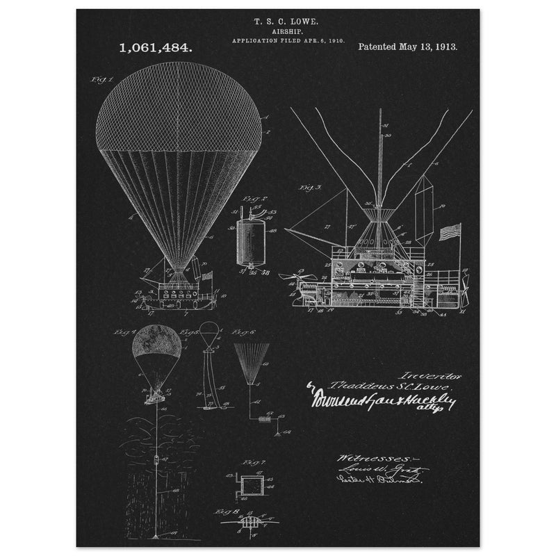 Airship patent illustration by T S C Lowe. Air Balloon