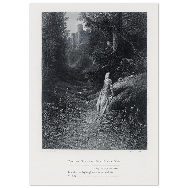 Gustave Dore illustration of King Arthur legend .Elaine on her Road to the Cave of Lancelot. book Idylls of the King by Alfred Tennyson