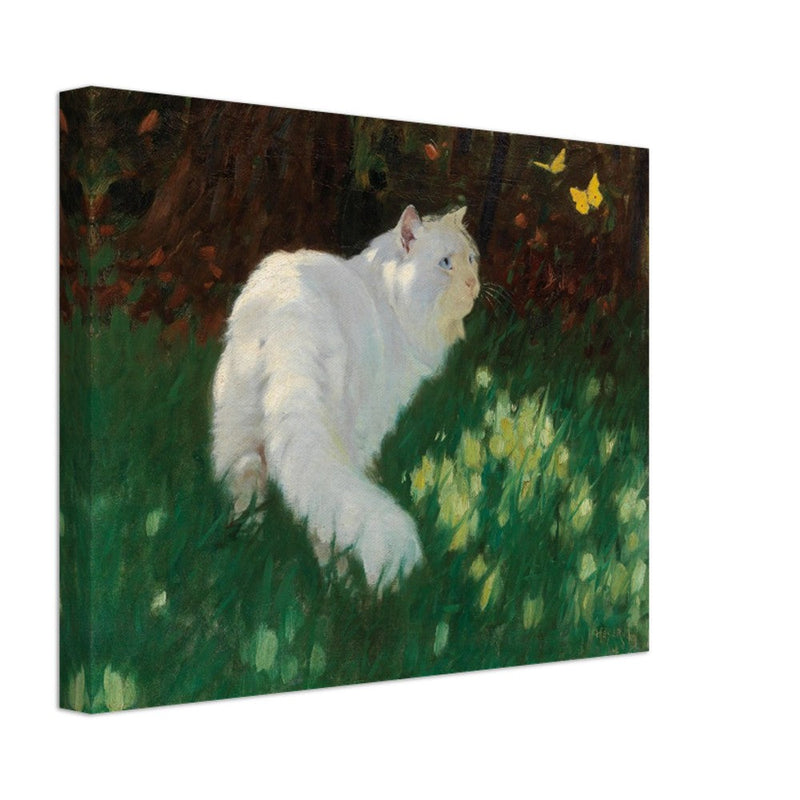 White Cat and Butterflies old painting by Arthur Heyer .