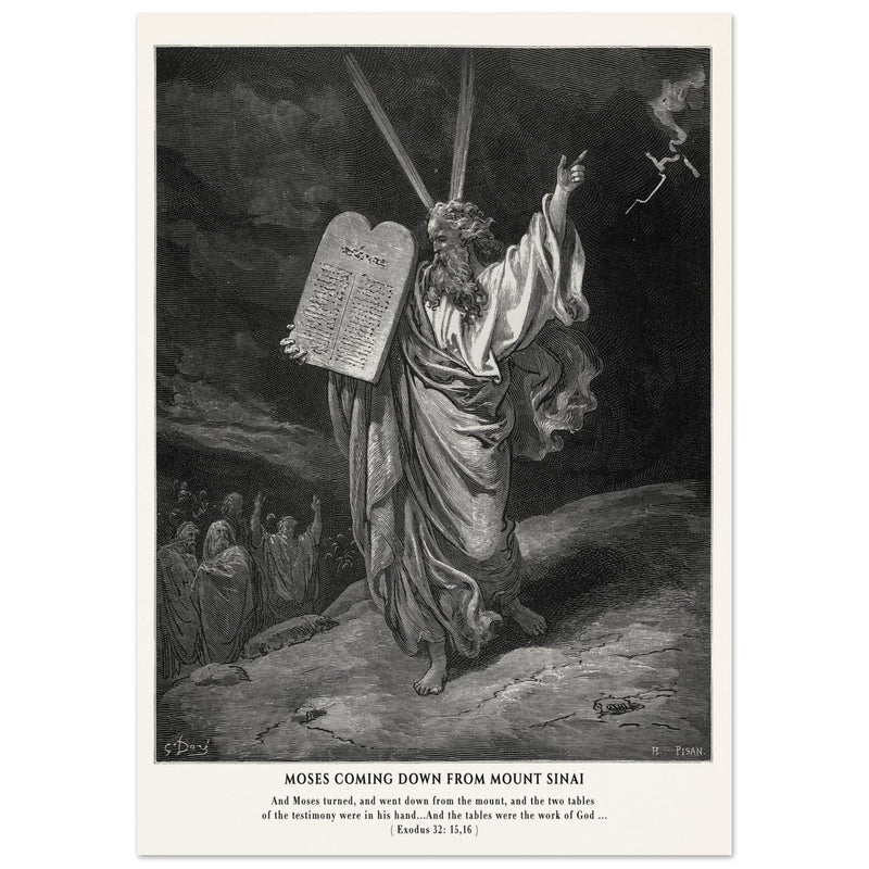 Gustave Dore The Bible engraving print . Moses coming down from Mount Sinai .