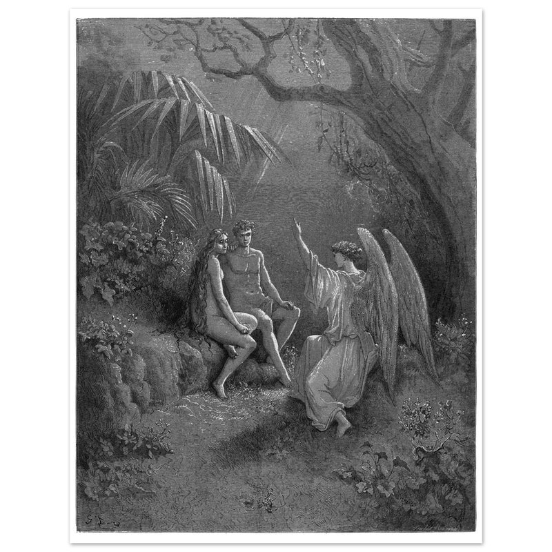 Gustave Dore Paradise Lost engraving . Archangel Rapahel with Adam and Eve in Eden.
