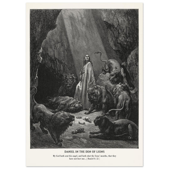 Gustave Dore The Bible engraving print . Daniel in the den of lions illustration .