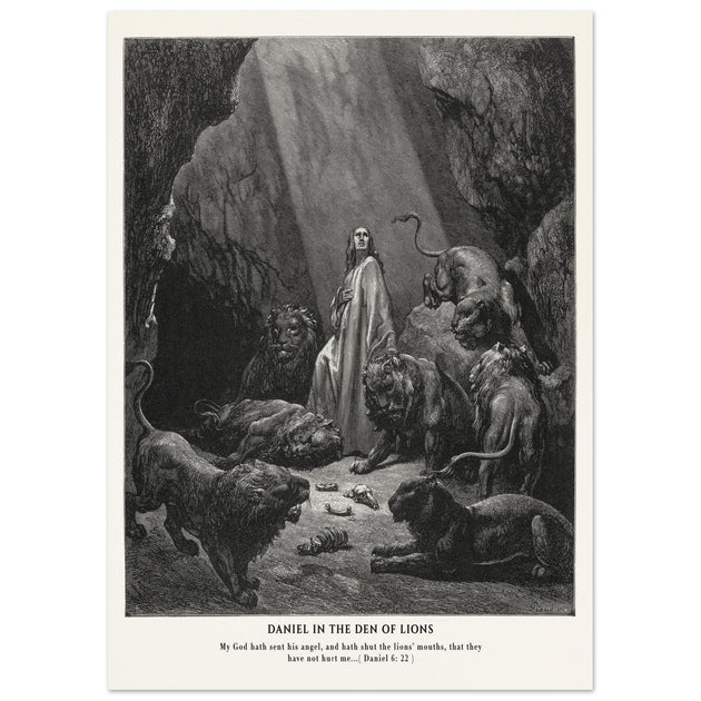 Gustave Dore The Bible engraving print . Daniel in the den of lions illustration .