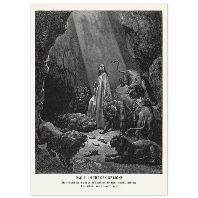 Gustave Dore The Bible engraving print . Daniel in the den of lions illustration .