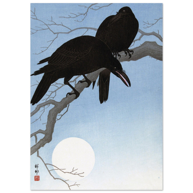 Two crows on a branch by Ohara Koson 1927 Woodblock print.