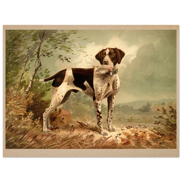 Hunting dog vintage painting poster with partridge in mouth