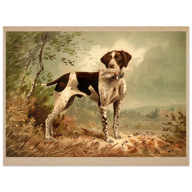 Hunting dog vintage painting poster with partridge in mouth