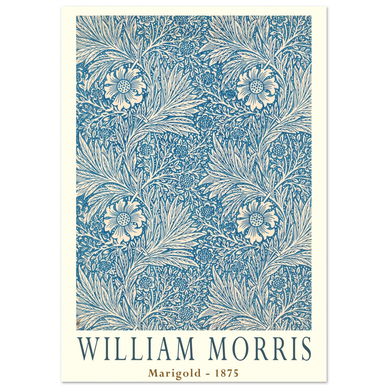 William Morris Marigold art print. Vintage wallpaper reproduction. Blue floral pattern.