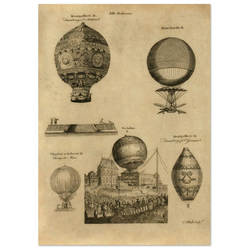 Early balloon ascensions in France. XVIII Century illustration drawing.
