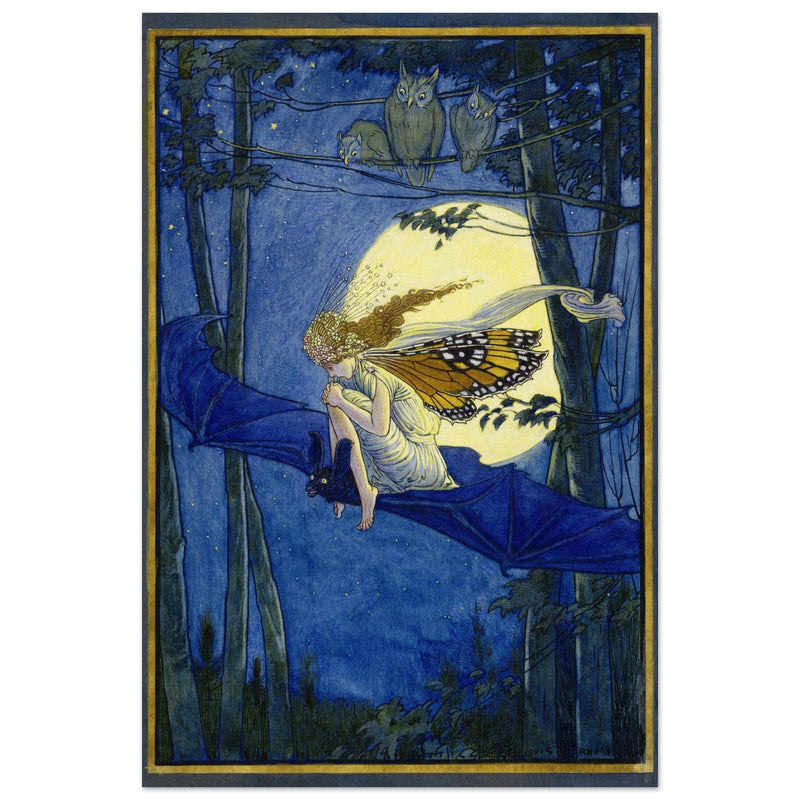 Ariel on a bat's back illustration by Louis Rhead
