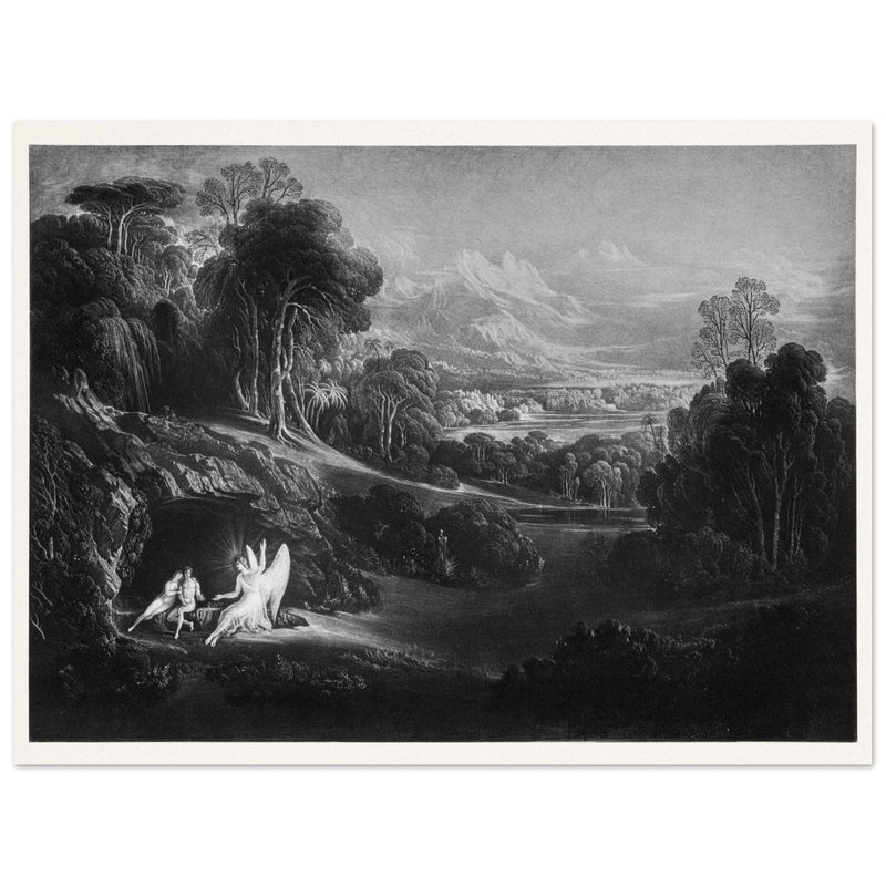 John Martin Paradise Lost vintage mezzoting engraving . Raphael Conversing with Adam and Eve .