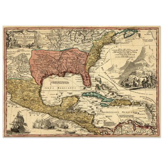 Ancient map of North America. Regni Mexicani seu Novae Hispaniae, Ludovicianae, N. Angliae, Carolinae, Virginae et Pennsylvaniae by Johann Baptist Homann