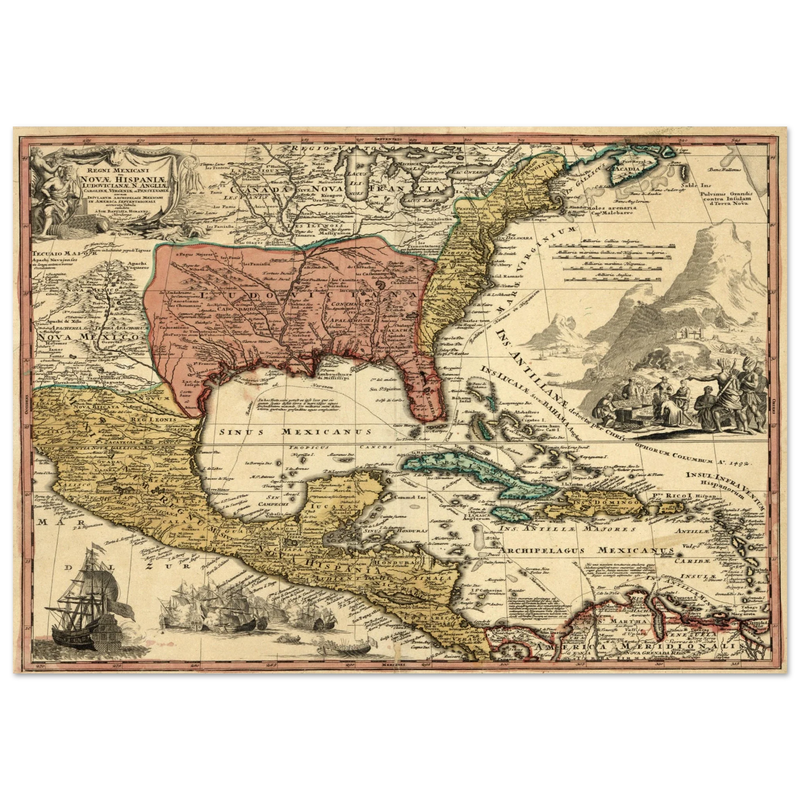 Ancient map of North America. Regni Mexicani seu Novae Hispaniae, Ludovicianae, N. Angliae, Carolinae, Virginae et Pennsylvaniae by Johann Baptist Homann