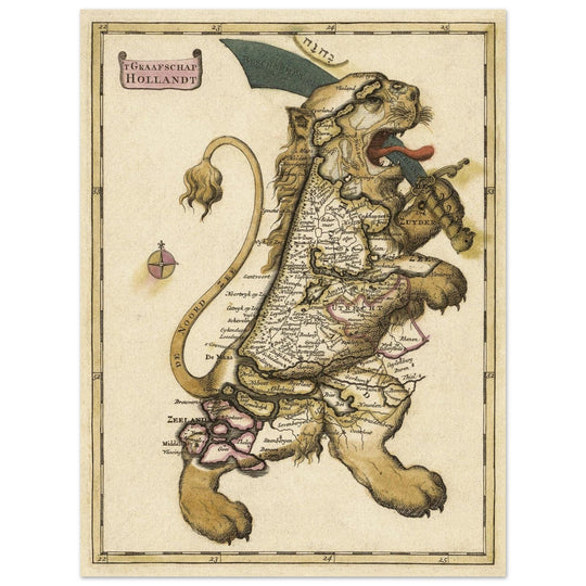 Ancient map of the Graafschap Holland in the form of the Netherlands Lion.