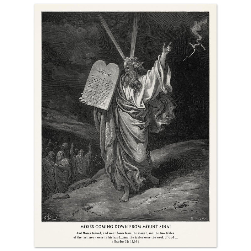 Gustave Dore The Bible engraving print . Moses coming down from Mount Sinai .