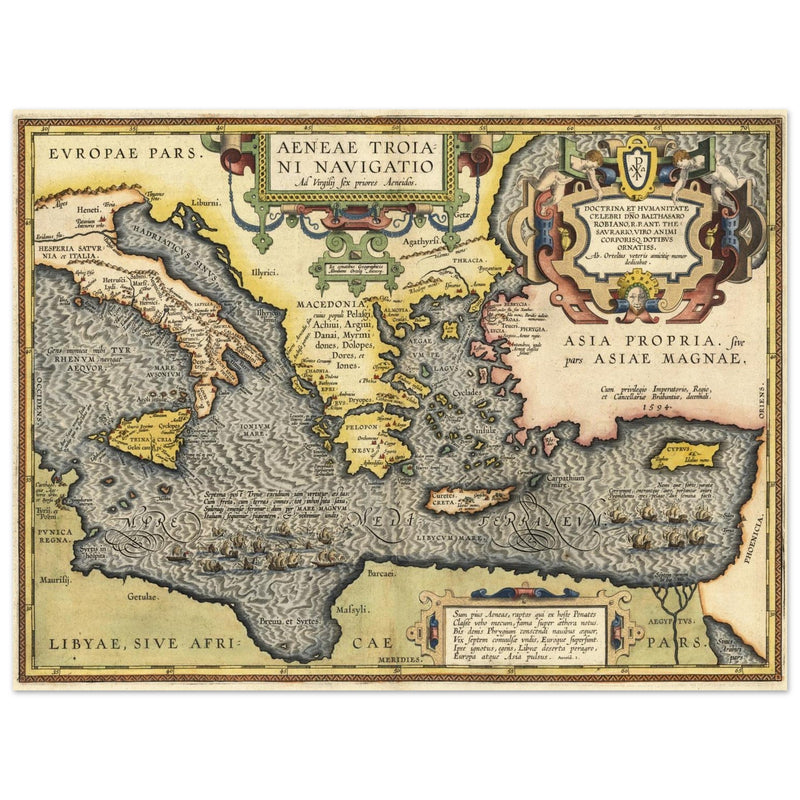 Ancient map of Europe and Asia tracing the sea route to Troy across the Mediterranean sea by Abraham Ortelius