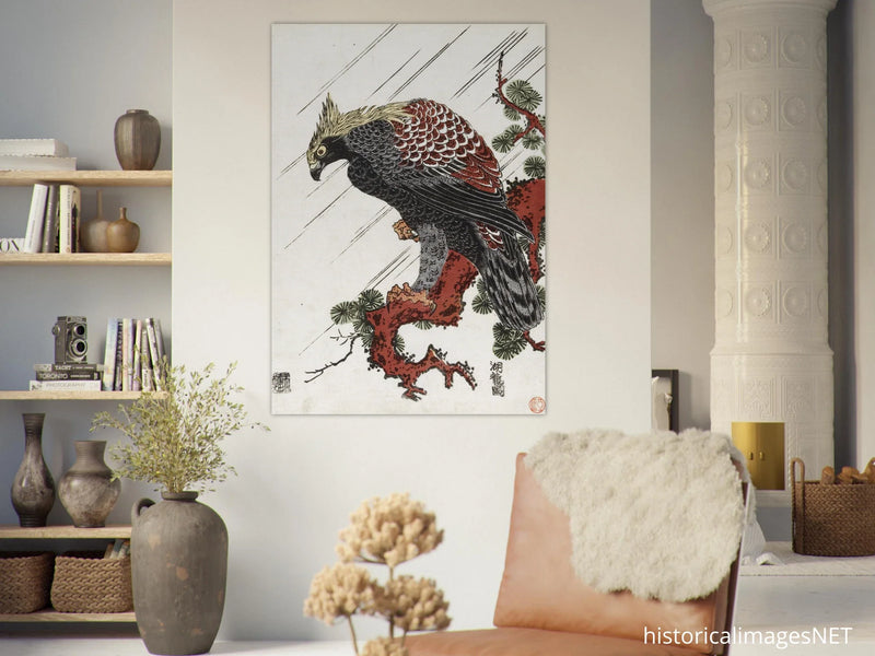 Eagle on pine branch in rain, by Isoda Koryusai